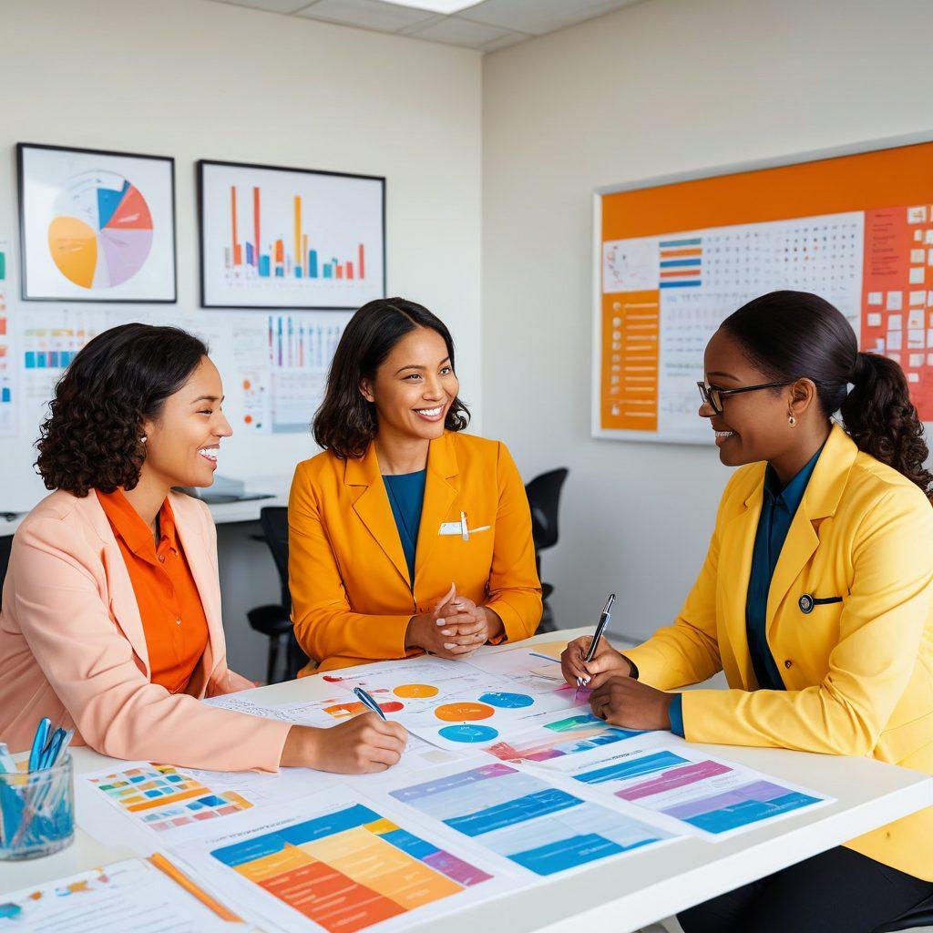 A diverse group of female physicians discussing health policies in a bright, modern office setting, surrounded by charts and wellness materials. Incorporate elements representing women's health, such as symbols for reproductive health and mental wellness. The atmosphere should feel empowering and collaborative, with warm colors and inclusive body representations. super-realistic. vibrant colors. modern style.