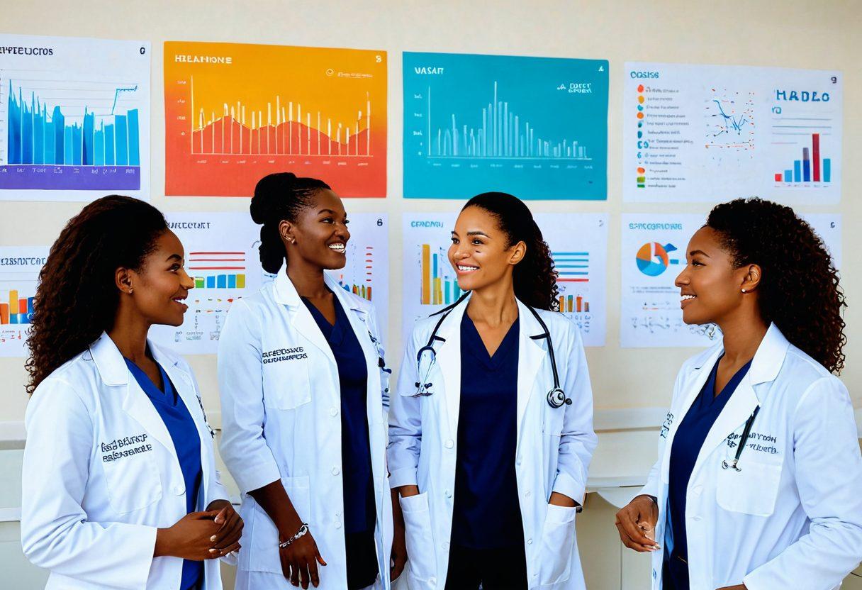 A diverse group of women doctors in white coats, confidently discussing healthcare options in a bright and modern clinic environment. Surround them with charts showing affordable healthcare statistics and vibrant visuals symbolizing empowerment, such as keys and locks. Include elements of unity and support among the doctors. clean lines. bright colors. vector art.