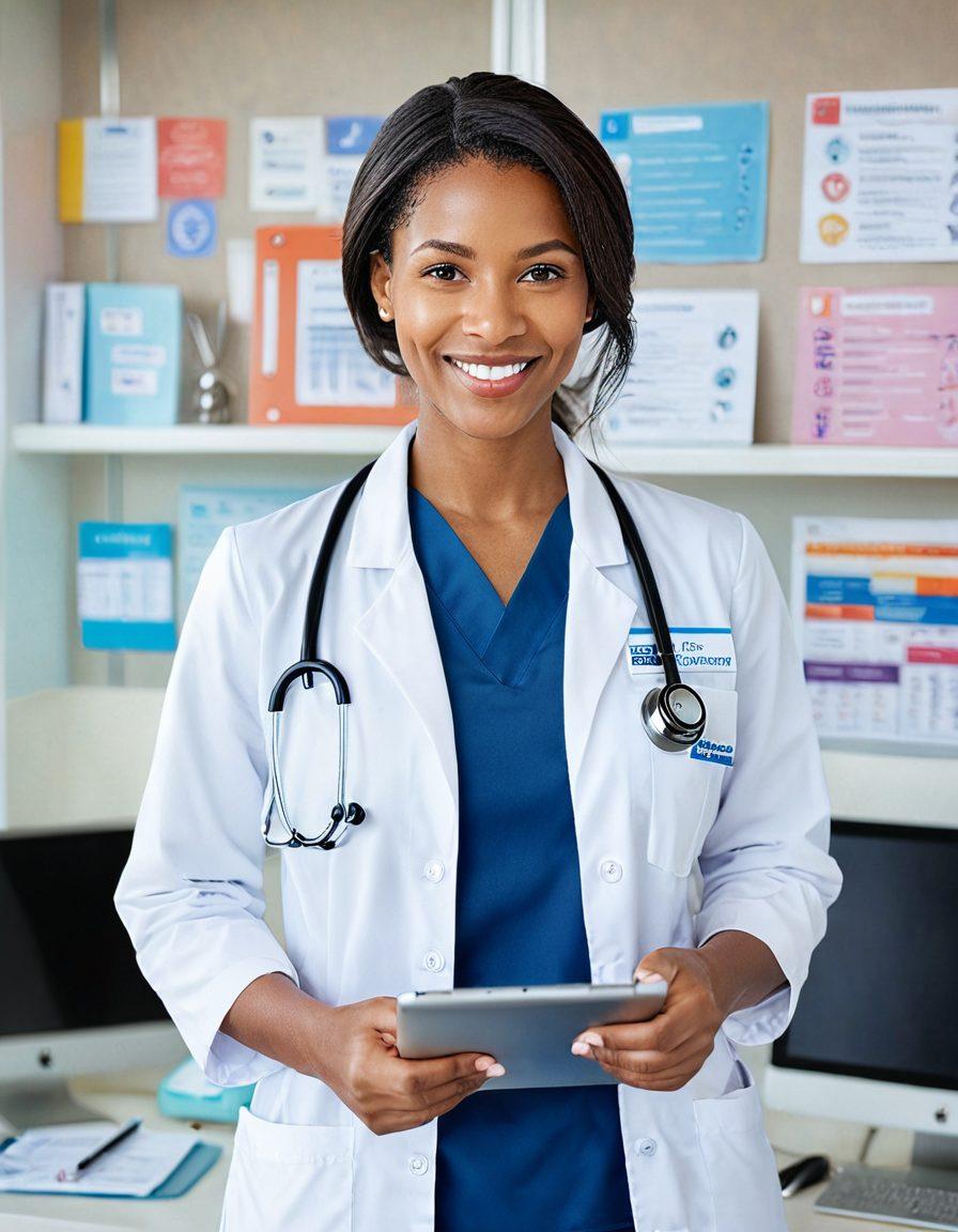A confident female physician standing in a brightly lit office, surrounded by various healthcare-related symbols like stethoscopes, medical charts, and insurance documents. She is smiling and engaging with a digital tablet displaying insurance options. The background features soft pastel colors with empowering quotes about women's health. Illustrative style with vibrant colors and modern design elements.